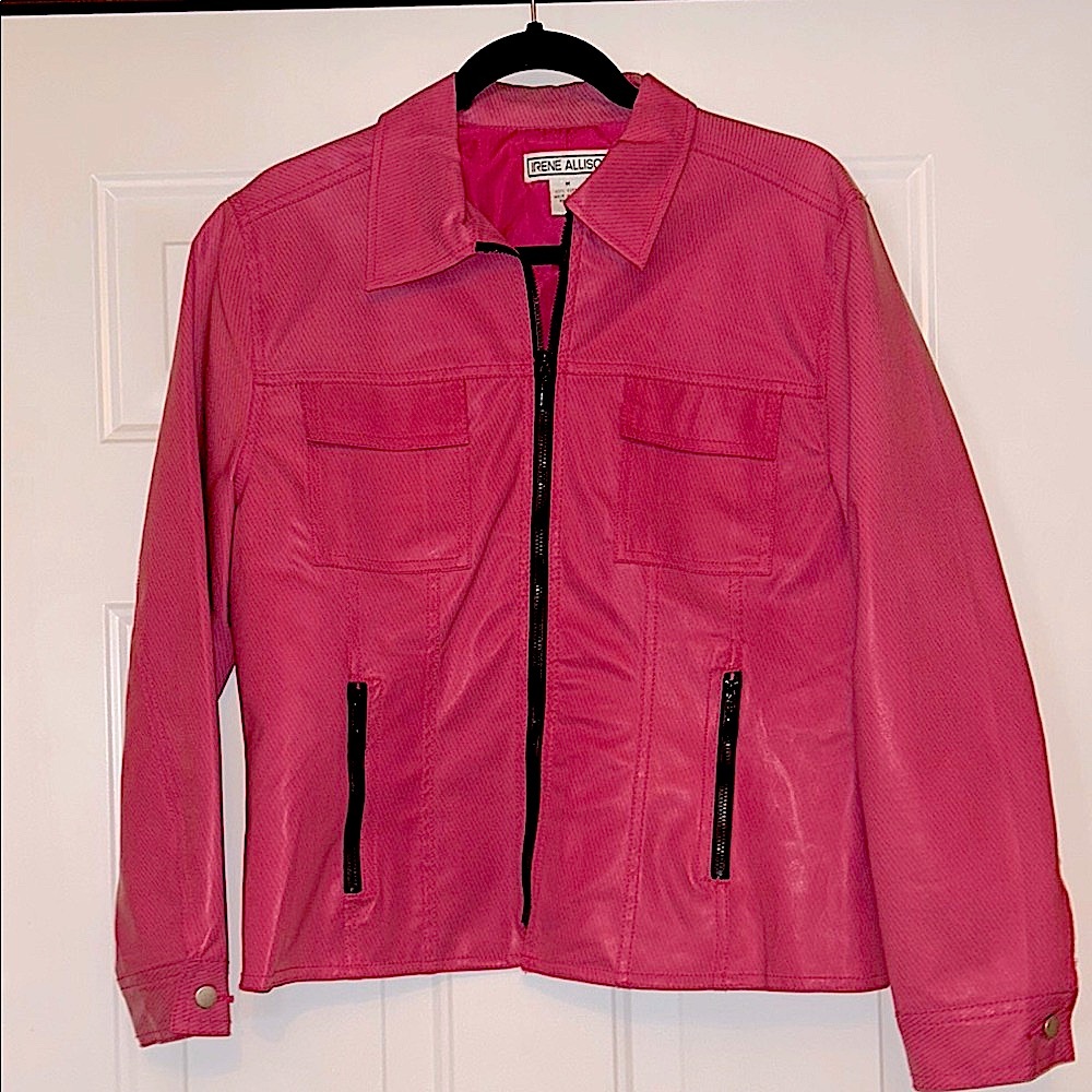 Irene Allison Full Zip Women's Cotton Jacket M Pink NWOT Pockets Sheen Barbie